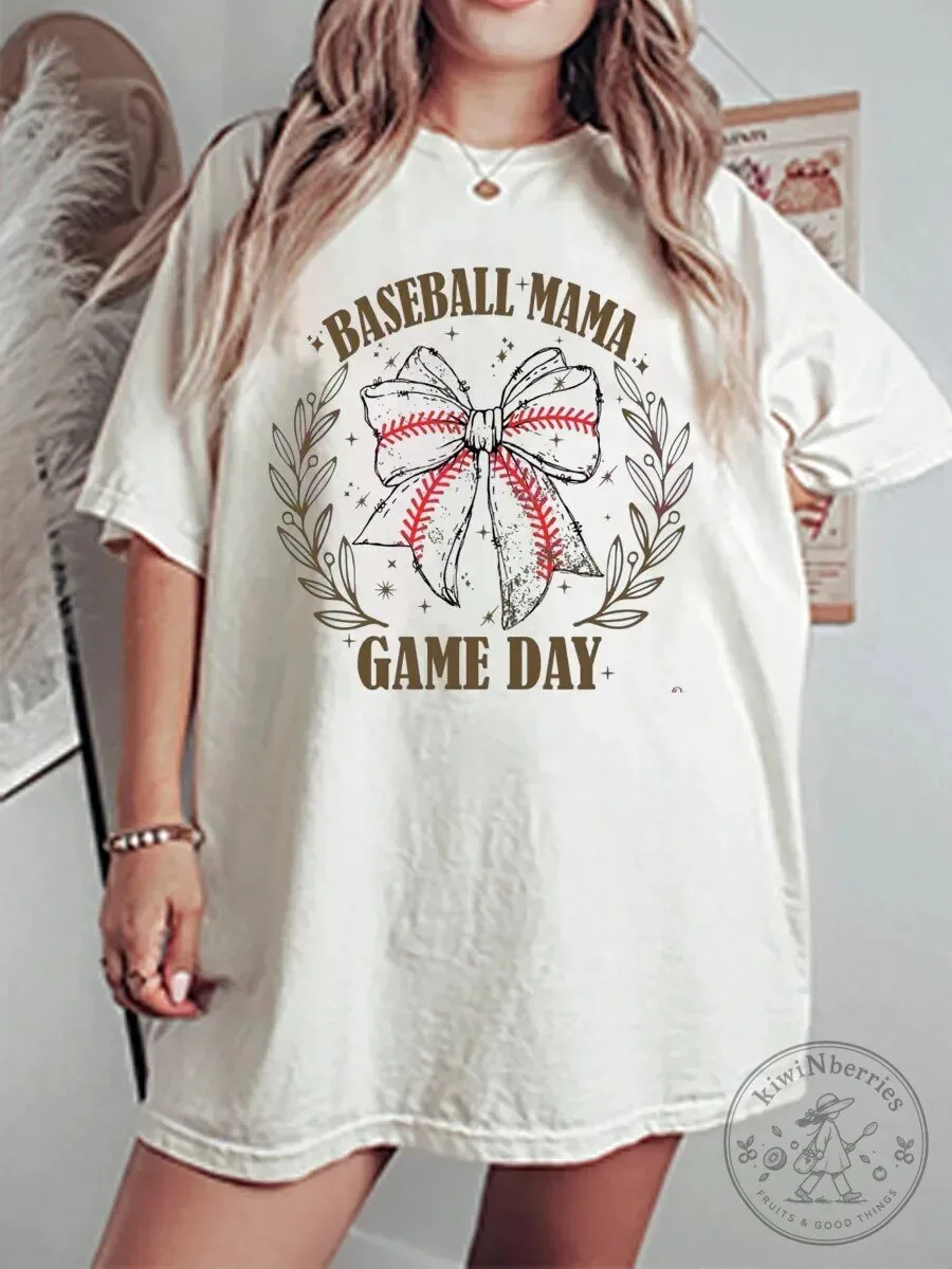 Baseball Mama Game Day Vintage Style Bow Graphic T-Shirt