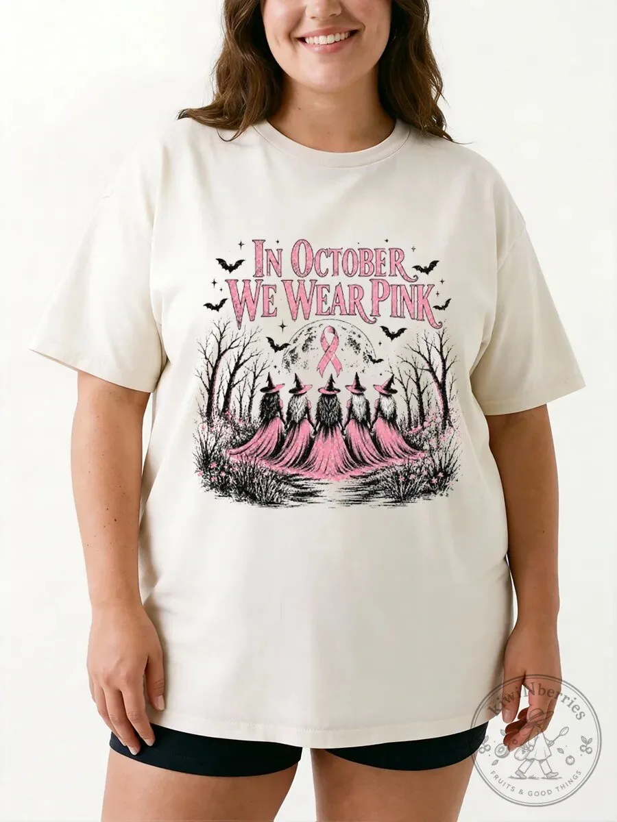 In October We Wear Pink Breast Cancer Awareness Witches Halloween T-Shirt