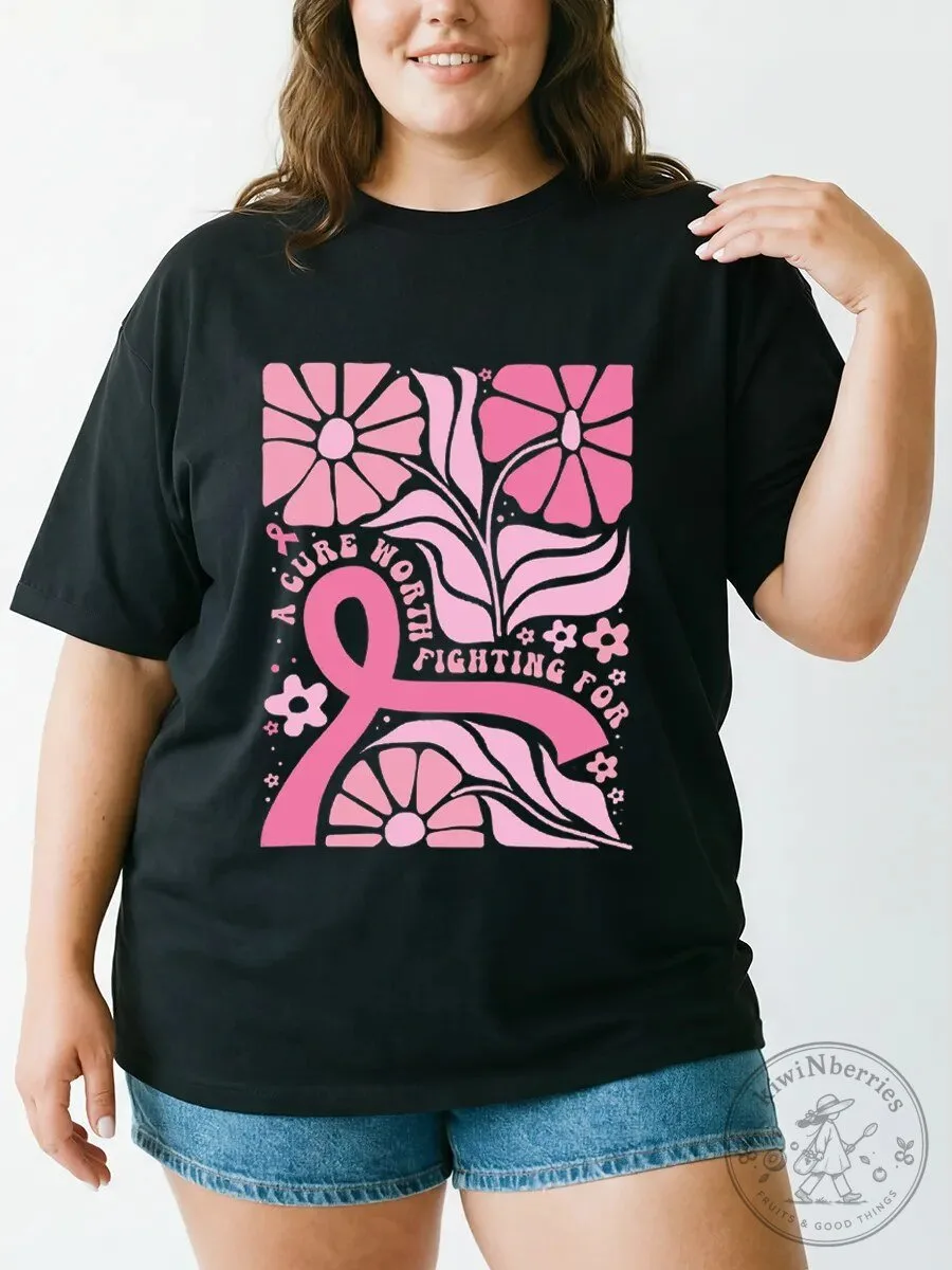 Breast Cancer Awareness Pink Ribbon Floral Graphic Short Sleeve T-Shirt