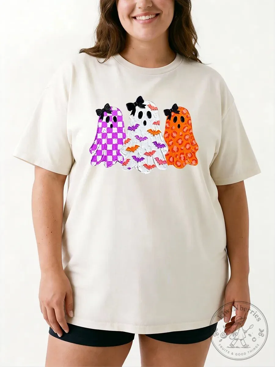 Halloween Graphic Tee with Cute Ghost Trio Design for Women