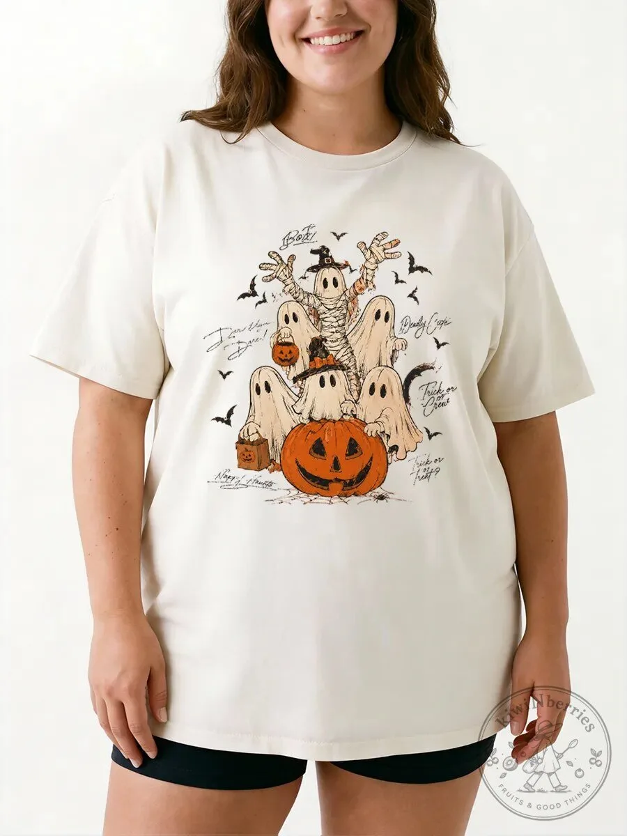Halloween Graphic Tee Vintage Cute Ghost Pumpkin Trick or Treat Oversized T-Shirt